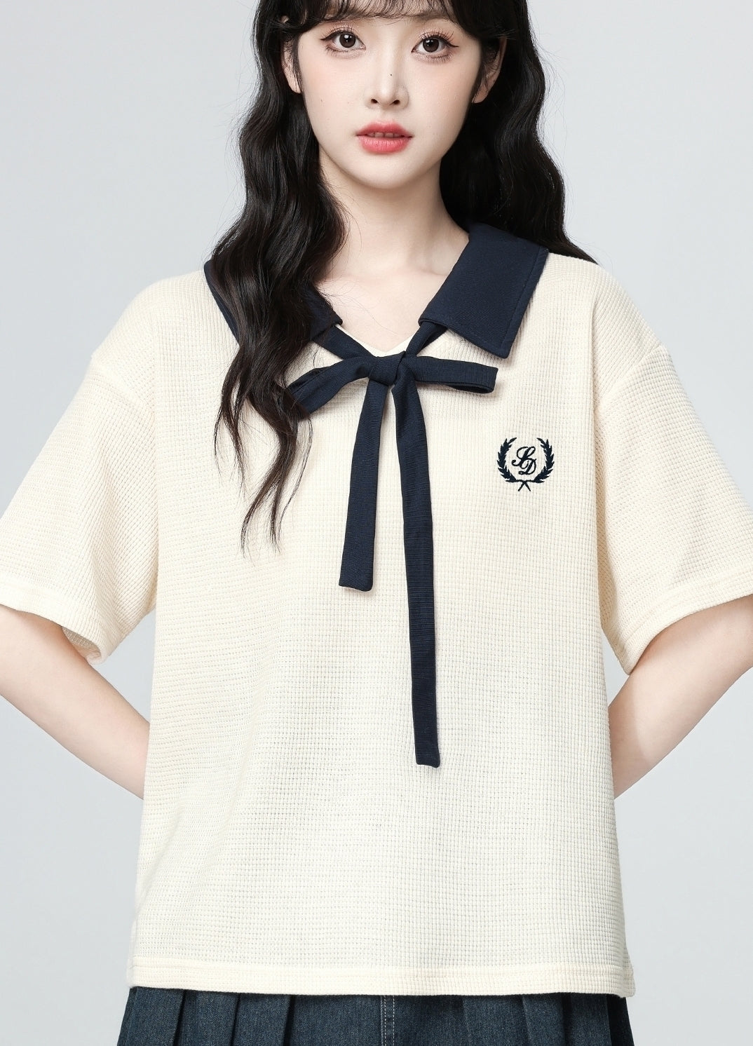 Colorblock Bow Tie Collar Short Sleeve Polo Top
