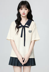 Colorblock Bow Tie Collar Short Sleeve Polo Top