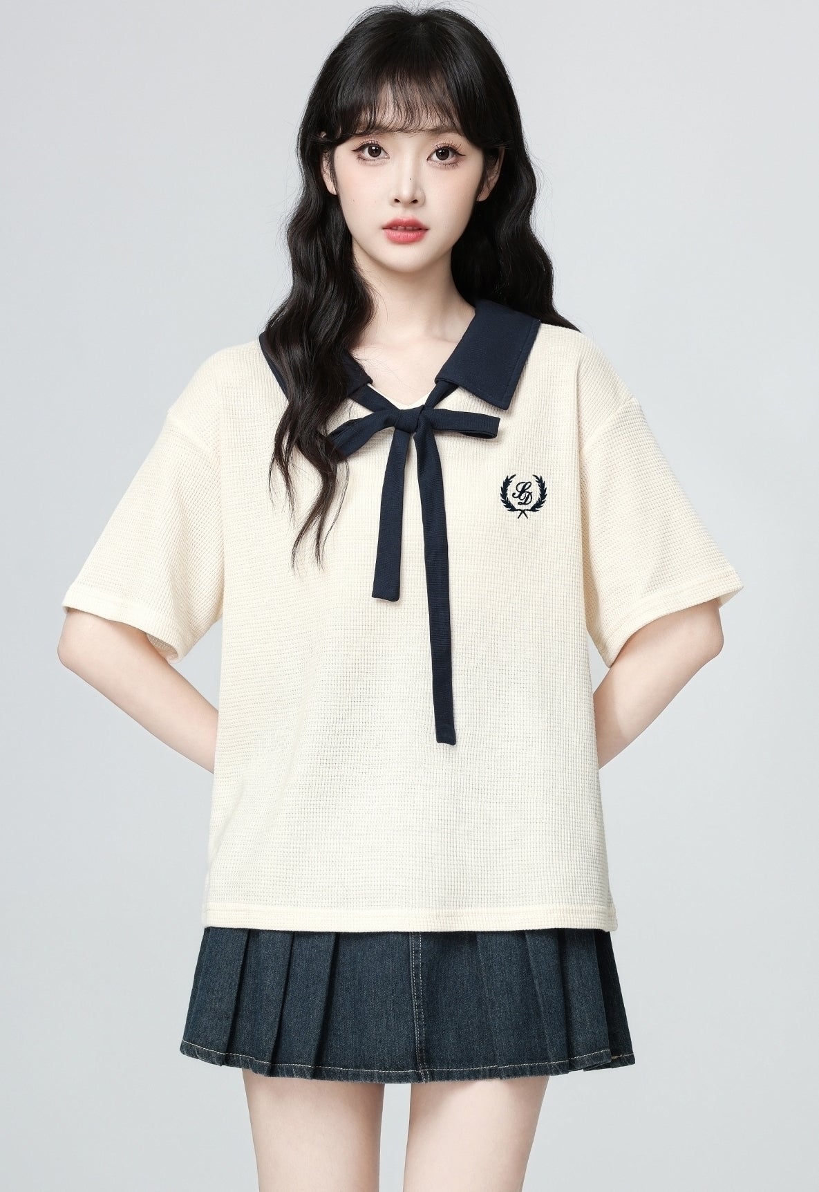Colorblock Bow Tie Collar Short Sleeve Polo Top