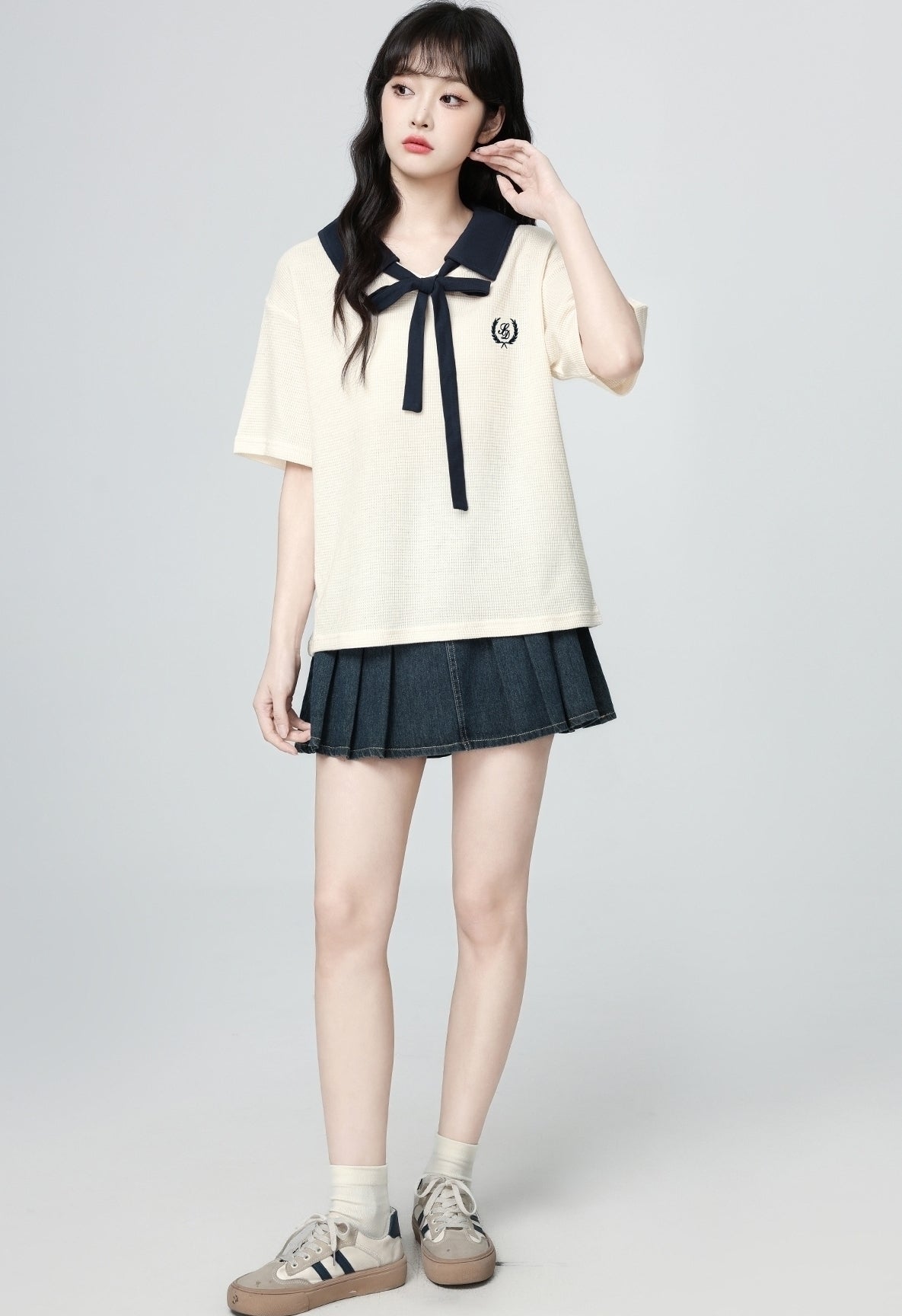 Colorblock Bow Tie Collar Short Sleeve Polo Top
