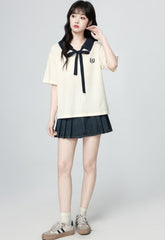 Colorblock Bow Tie Collar Short Sleeve Polo Top