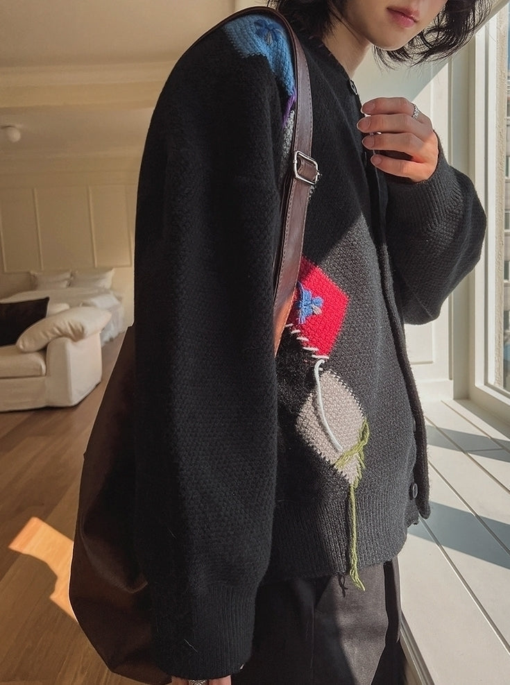 Colorblock Diamond Knit Cardigan Casual Sweater
