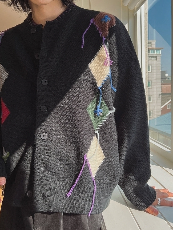 Colorblock Diamond Knit Cardigan Casual Sweater