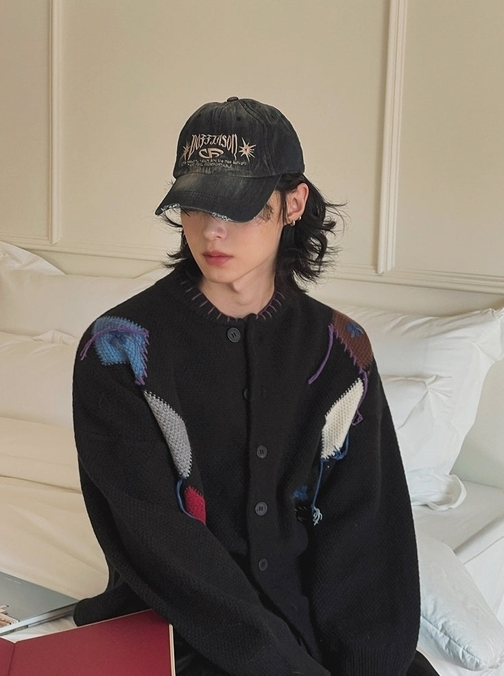 Colorblock Diamond Knit Cardigan Casual Sweater