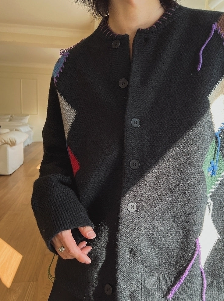 Colorblock Diamond Knit Cardigan Casual Sweater