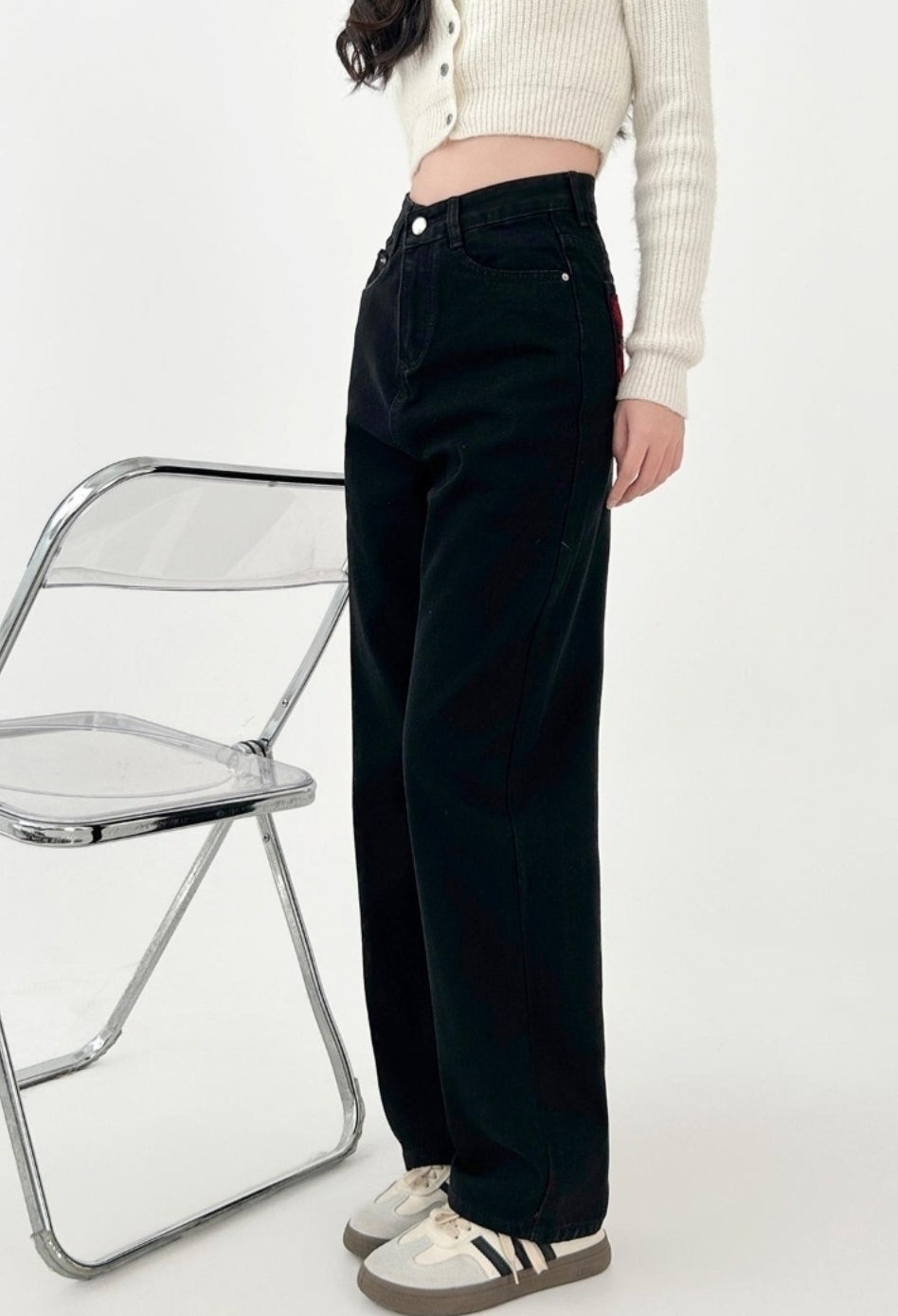 Colorblock Embroidered Wide Leg Denim Pants
