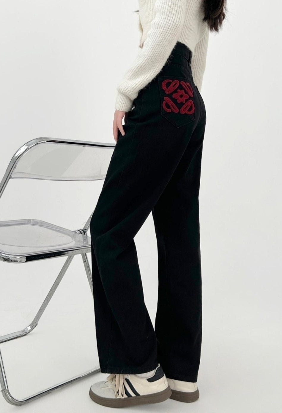 Colorblock Embroidered Wide Leg Denim Pants