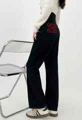 Colorblock Embroidered Wide Leg Denim Pants