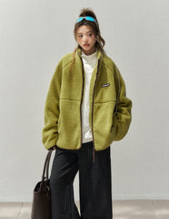 Colorblock Fleece Stand Collar Jacket Plush Lining