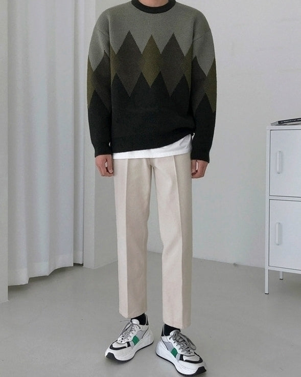 Colorblock Geometric Knit Sweater Casual Ethnic Style