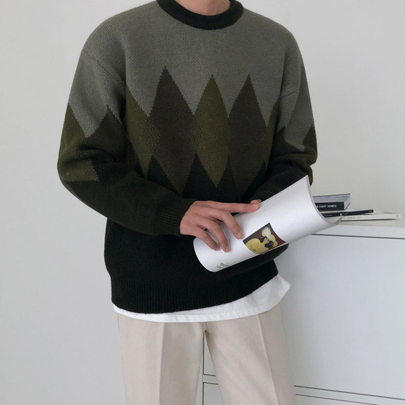 Colorblock Geometric Knit Sweater Casual Ethnic Style