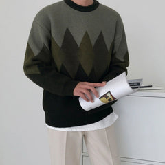 Colorblock Geometric Knit Sweater Casual Ethnic Style