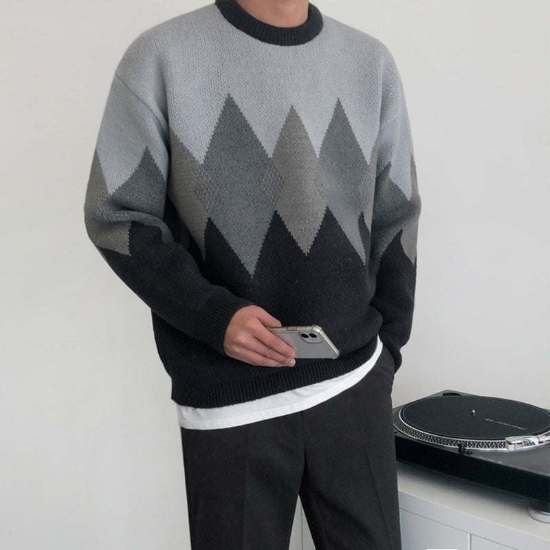 Colorblock Geometric Knit Sweater Casual Ethnic Style