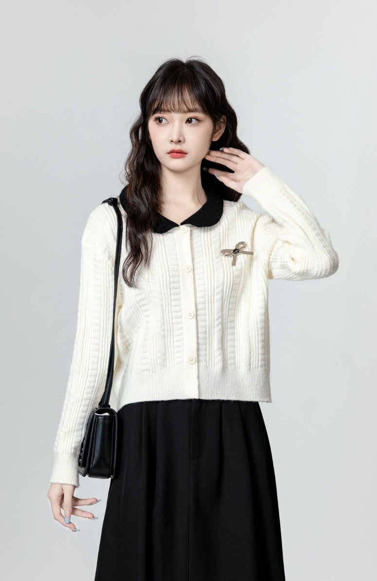 Colorblock Knit Cardigan With Unique Collar