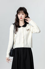 Colorblock Knit Cardigan With Unique Collar