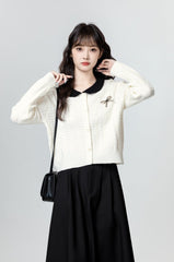 Colorblock Knit Cardigan With Unique Collar