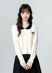 Colorblock Knit Cardigan With Unique Collar