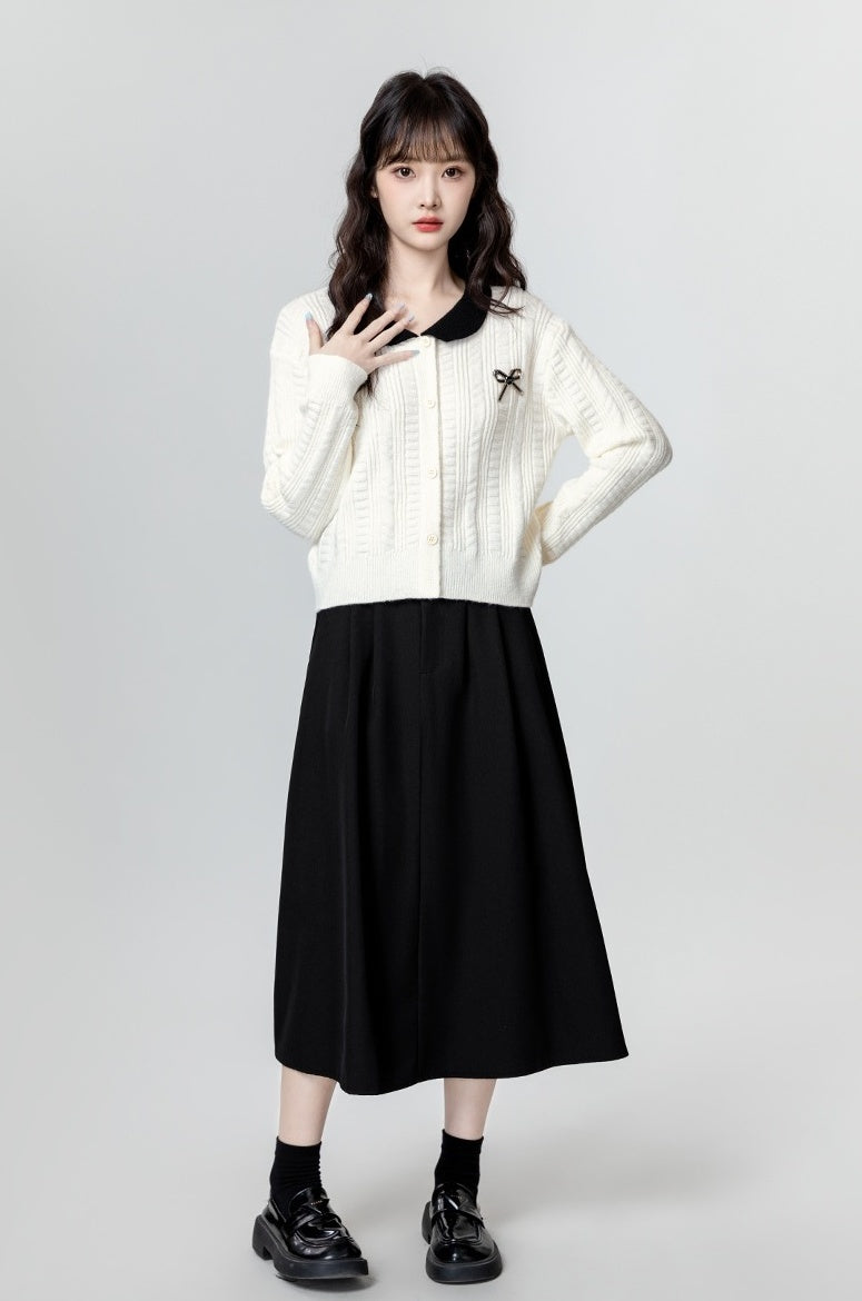 Colorblock Knit Cardigan With Unique Collar