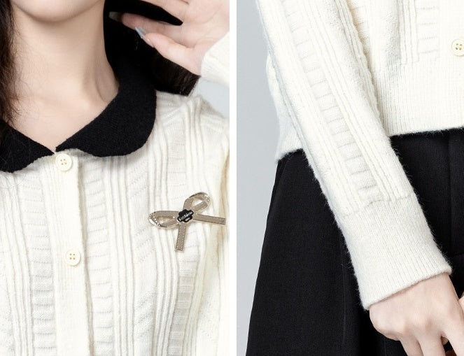Colorblock Knit Cardigan With Unique Collar