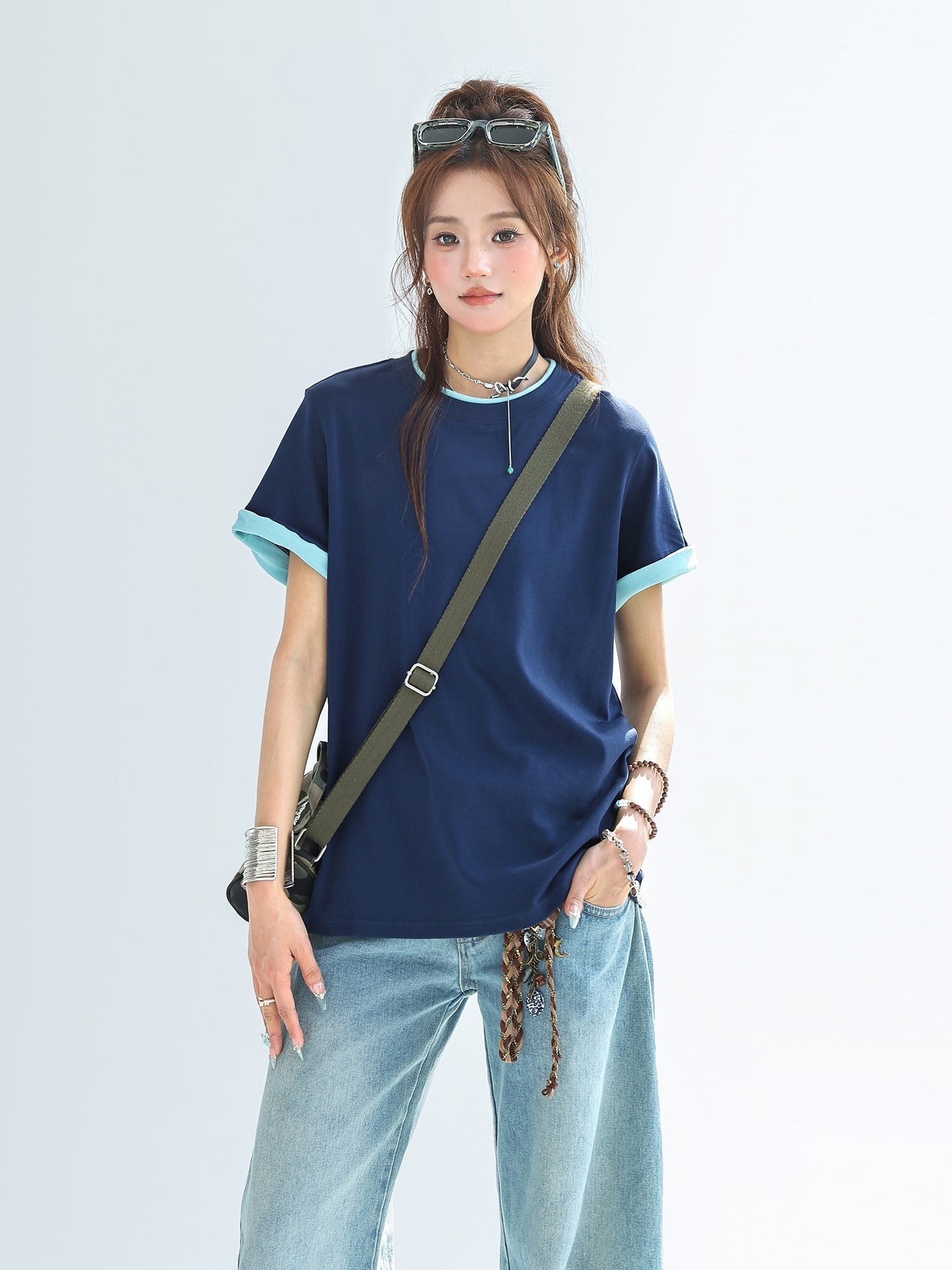 Colorblock Layered Look Short Sleeve Relaxed Top