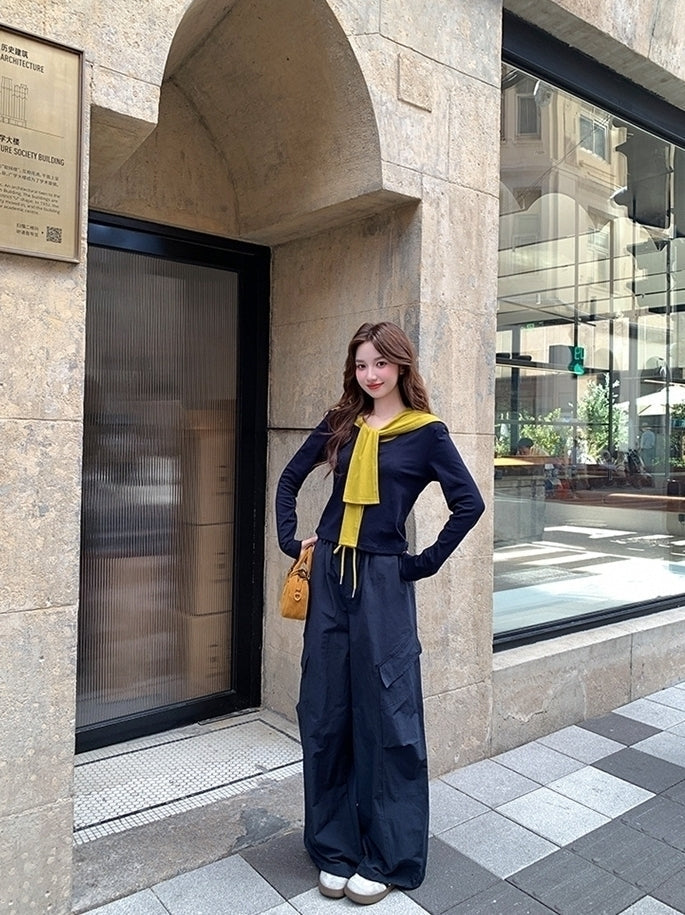 Colorblock Shawl Top Wide Leg Pants Set