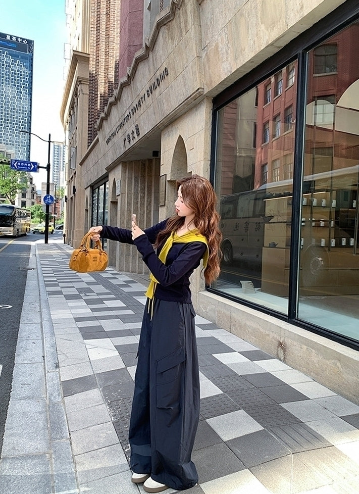 Colorblock Shawl Top Wide Leg Pants Set