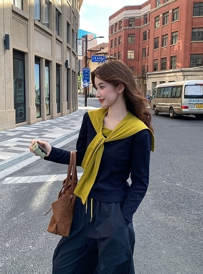 Colorblock Shawl Top Wide Leg Pants Set