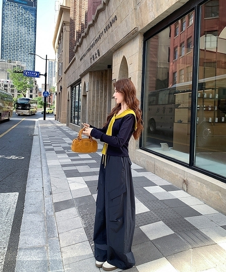 Colorblock Shawl Top Wide Leg Pants Set