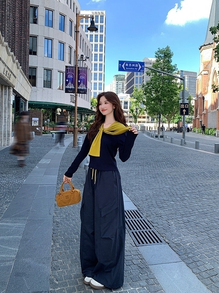 Colorblock Shawl Top Wide Leg Pants Set