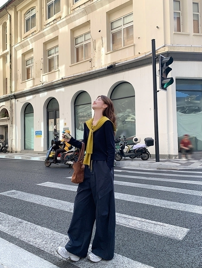 Colorblock Shawl Top Wide Leg Pants Set