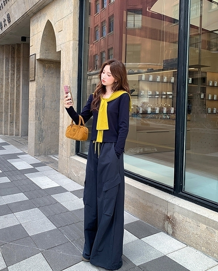 Colorblock Shawl Top Wide Leg Pants Set
