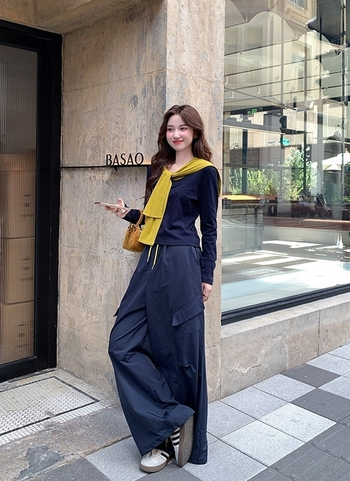 Colorblock Shawl Top Wide Leg Pants Set