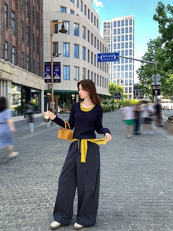 Colorblock Shawl Top Wide Leg Pants Set