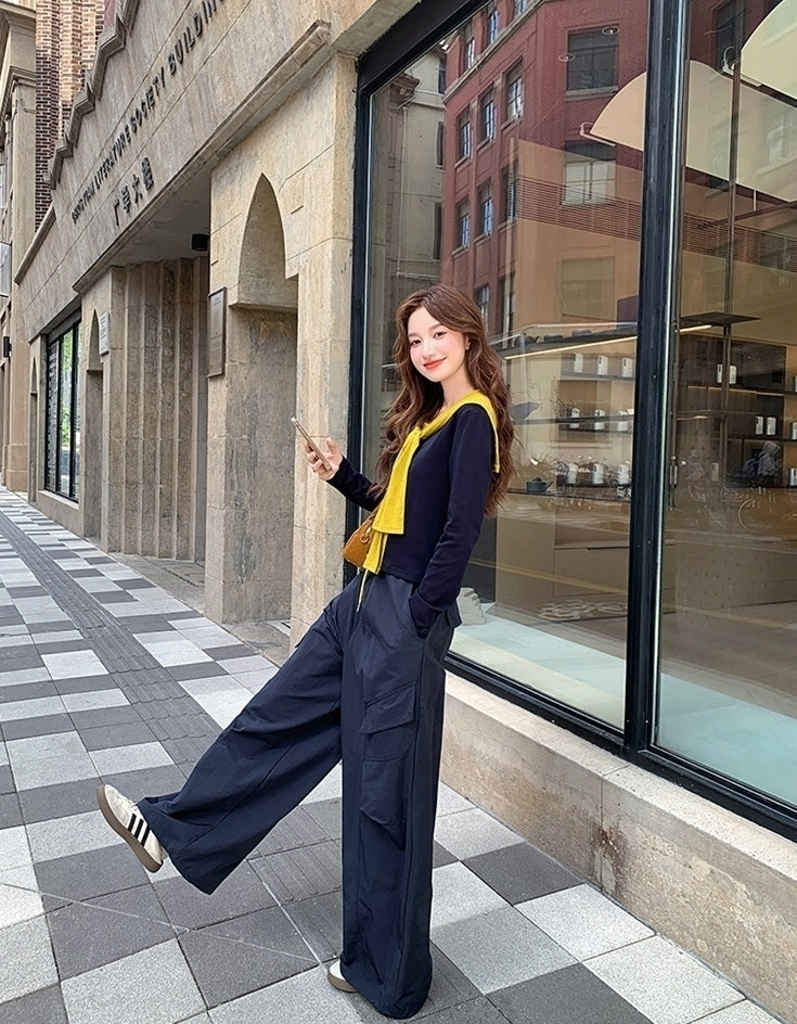 Colorblock Shawl Top Wide Leg Pants Set