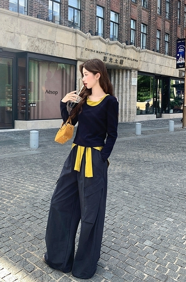 Colorblock Shawl Top Wide Leg Pants Set