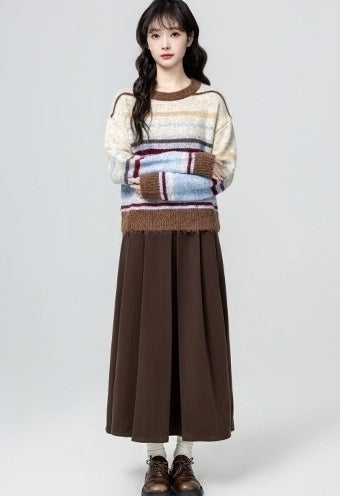 Colorblock Striped Crewneck Retro Pullover Sweater