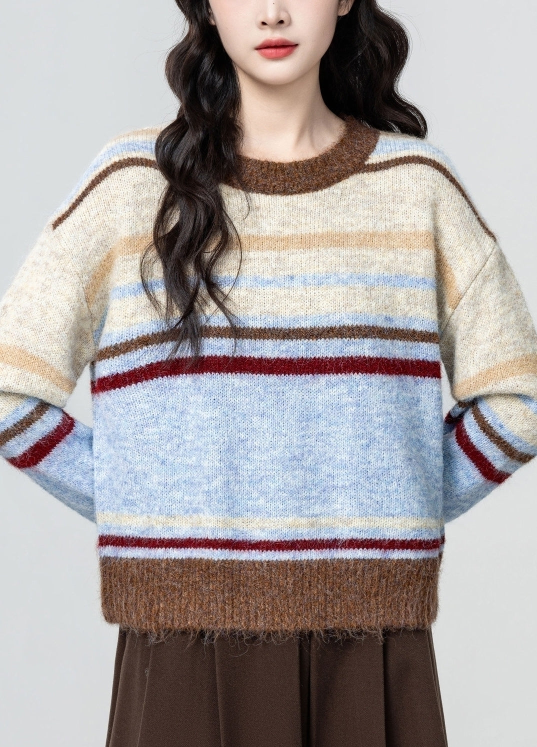 Colorblock Striped Crewneck Retro Pullover Sweater