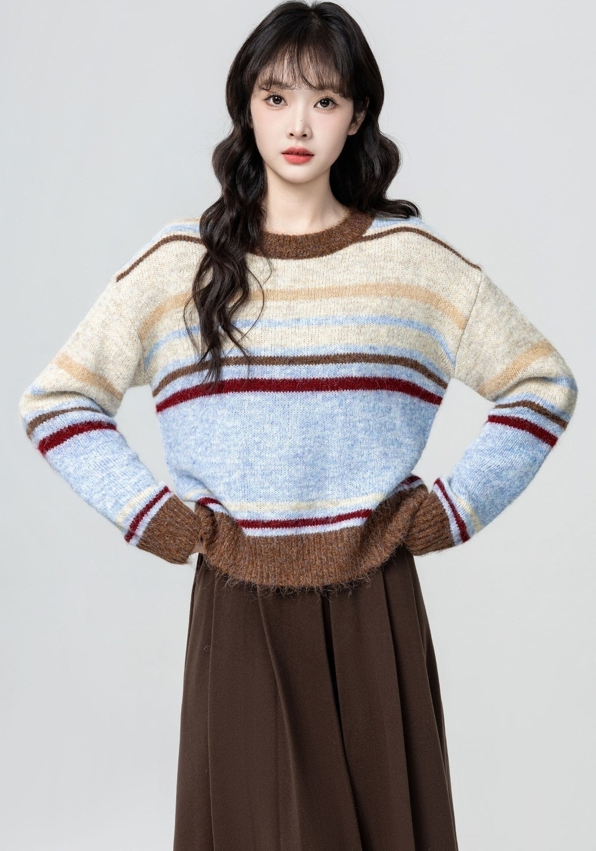 Colorblock Striped Crewneck Retro Pullover Sweater