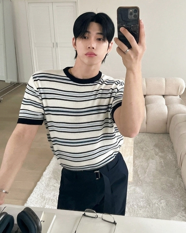 Colorblock Striped Knit Short Sleeve Casual Top