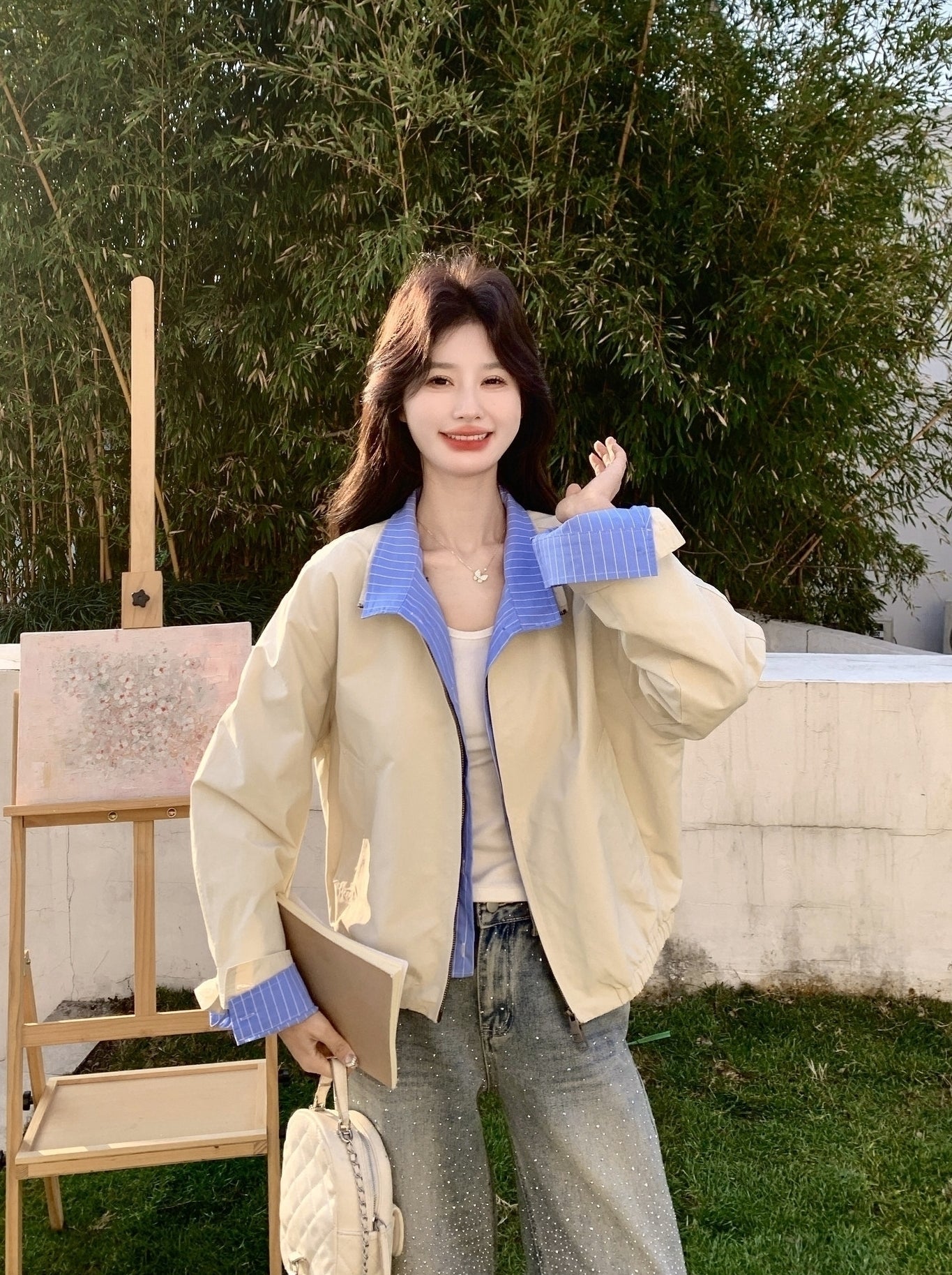 Colorblock Striped Layered Collared Short Jacket