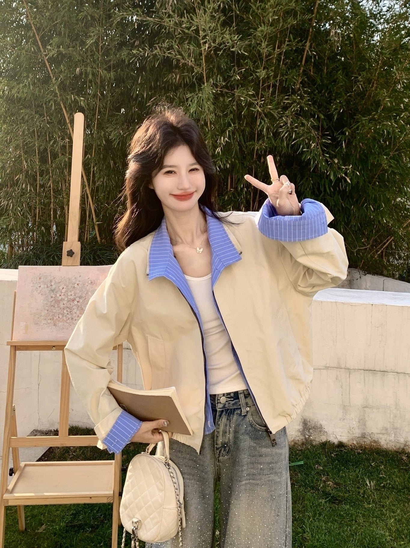 Colorblock Striped Layered Collared Short Jacket