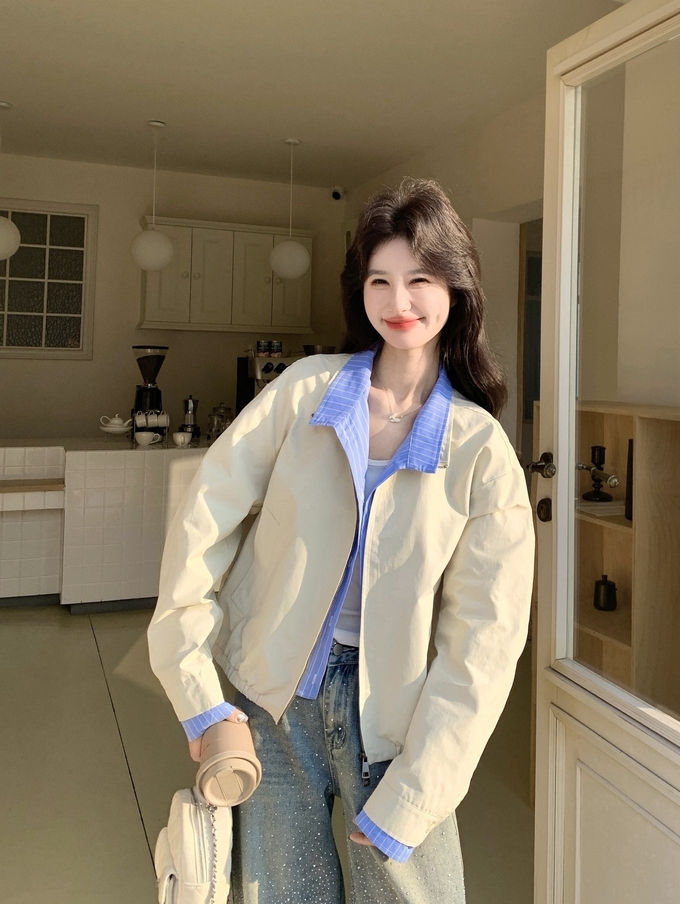 Colorblock Striped Layered Collared Short Jacket
