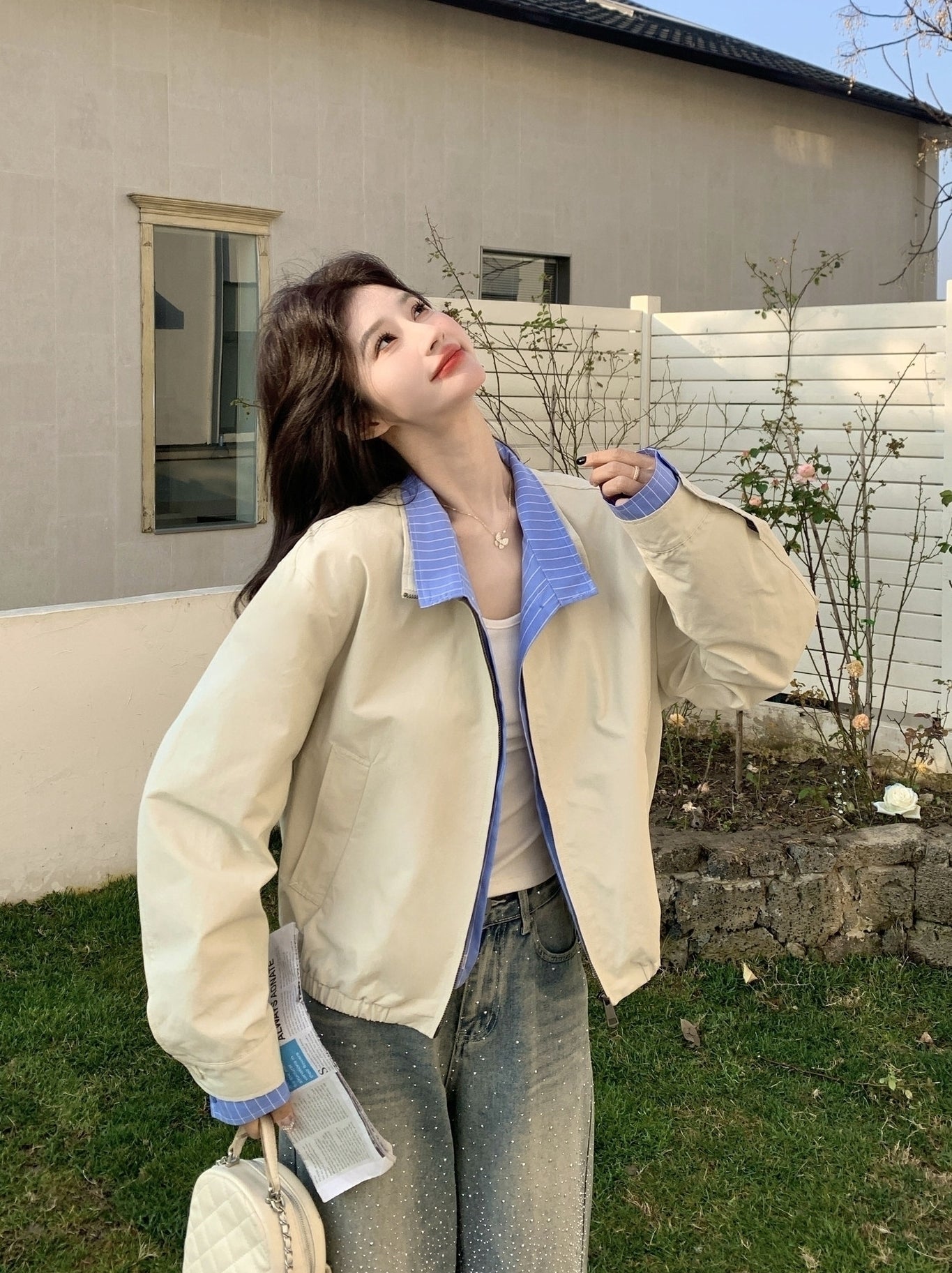 Colorblock Striped Layered Collared Short Jacket