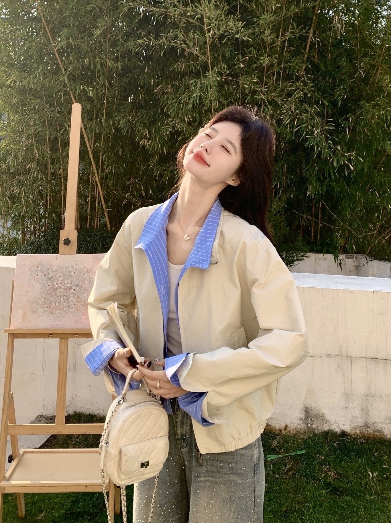Colorblock Striped Layered Collared Short Jacket