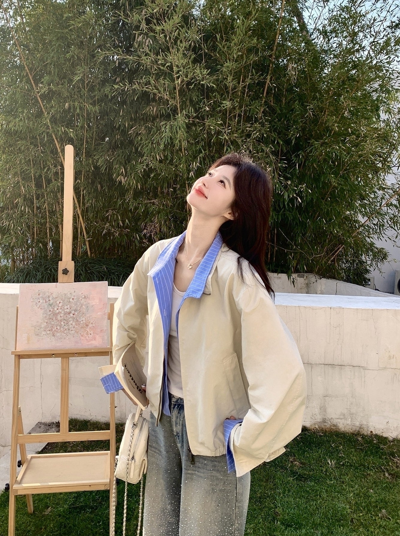 Colorblock Striped Layered Collared Short Jacket