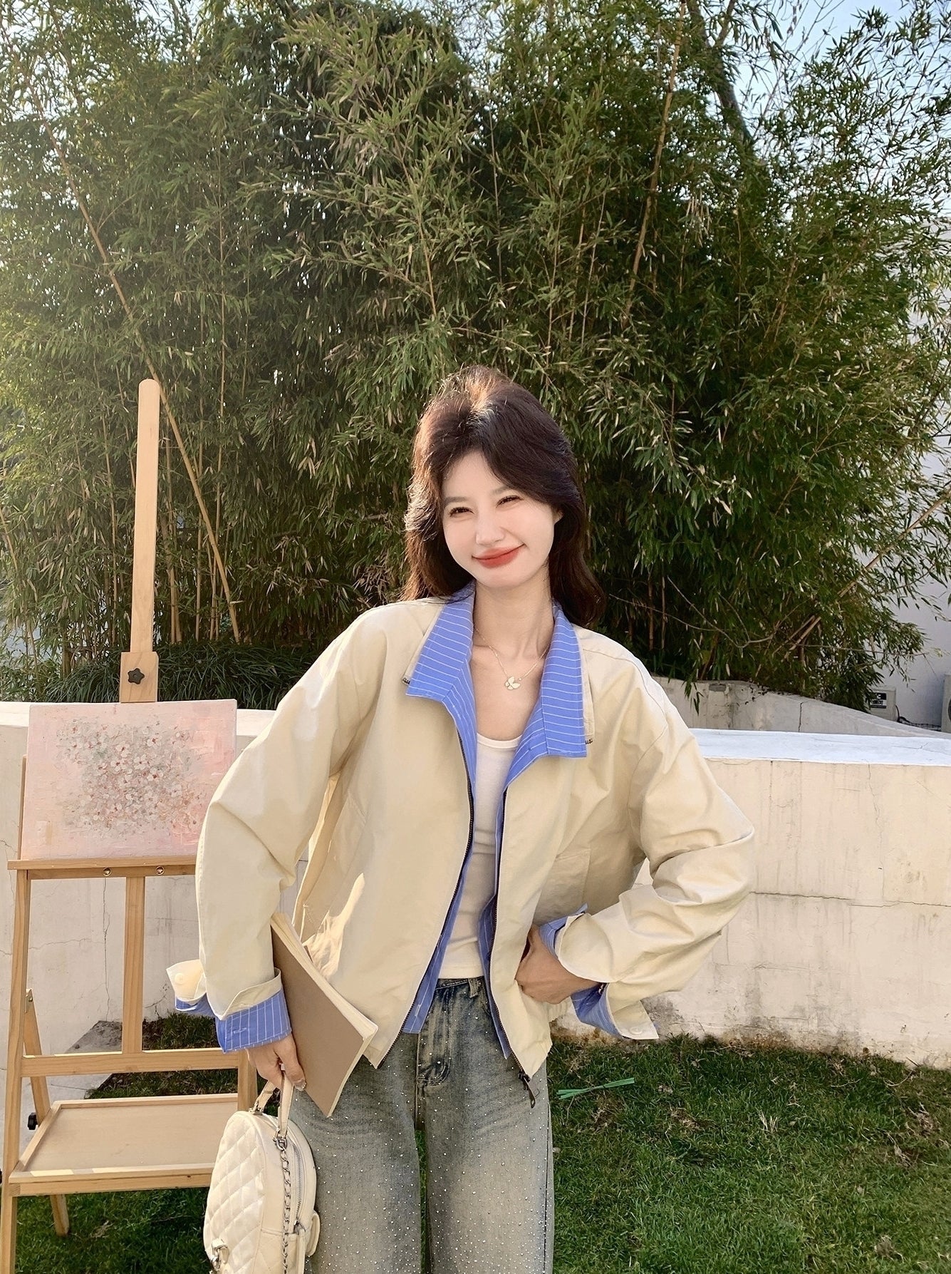 Colorblock Striped Layered Collared Short Jacket