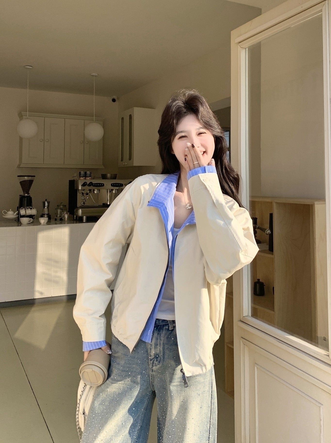 Colorblock Striped Layered Collared Short Jacket