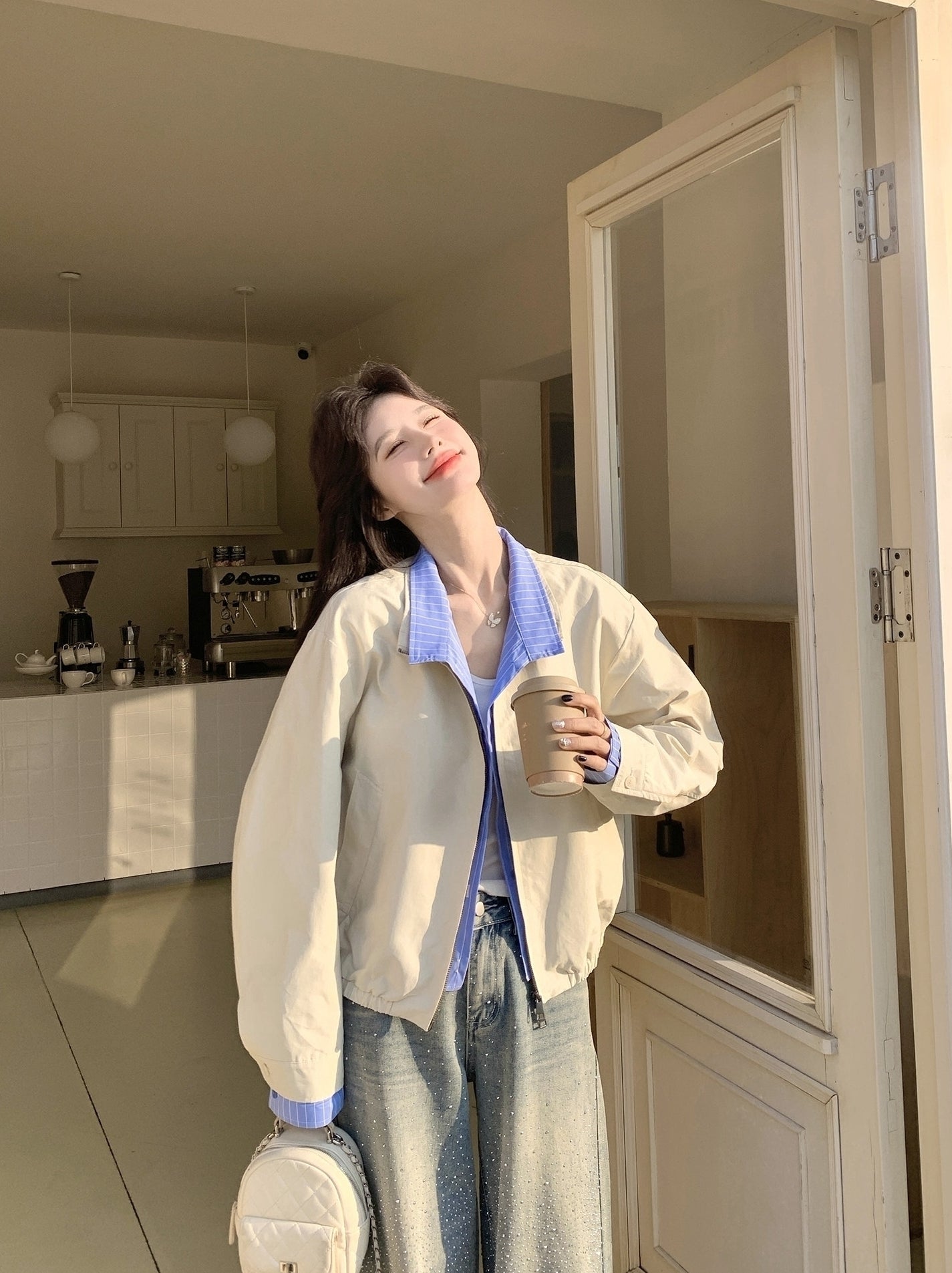 Colorblock Striped Layered Collared Short Jacket