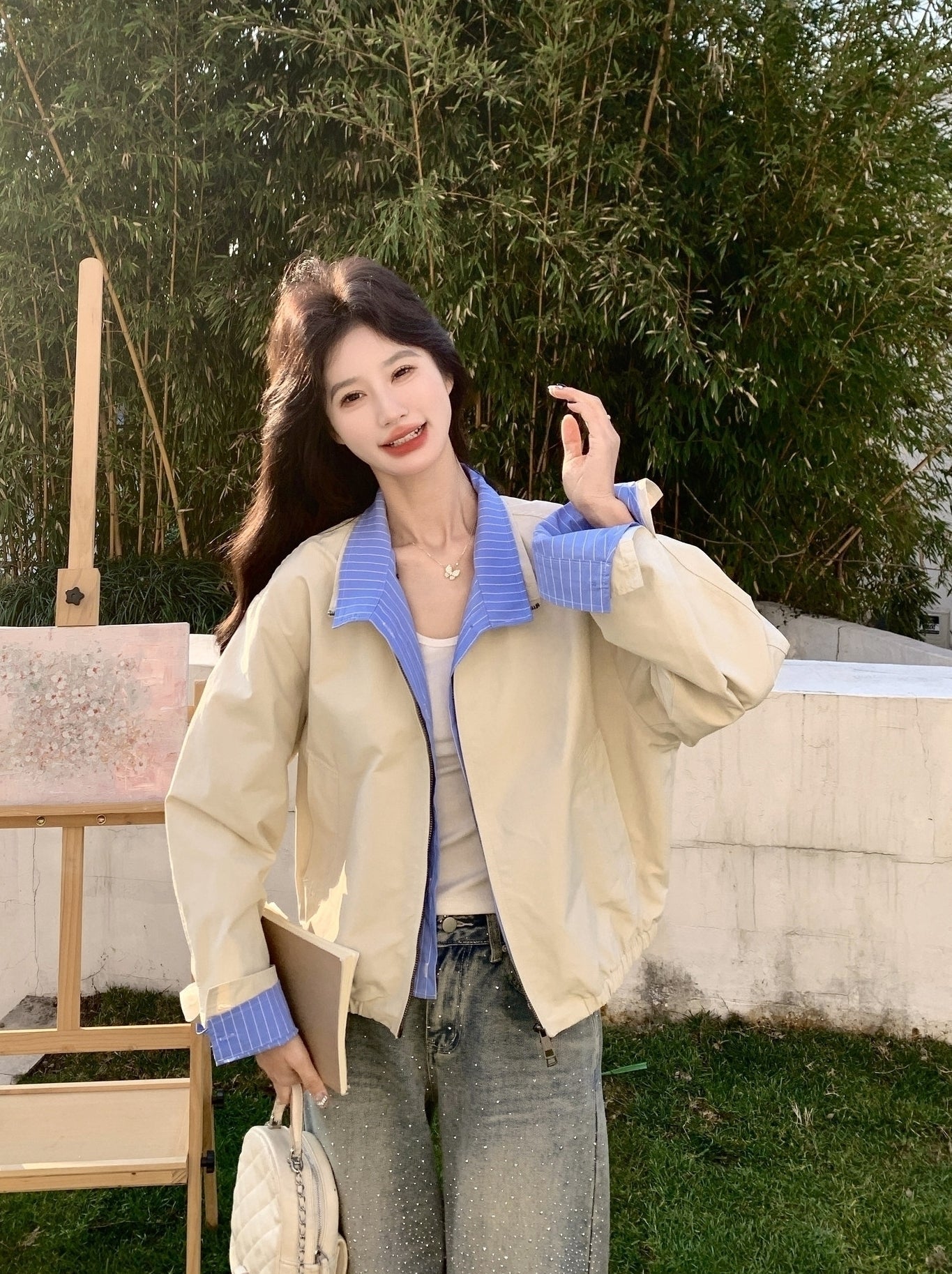 Colorblock Striped Layered Collared Short Jacket