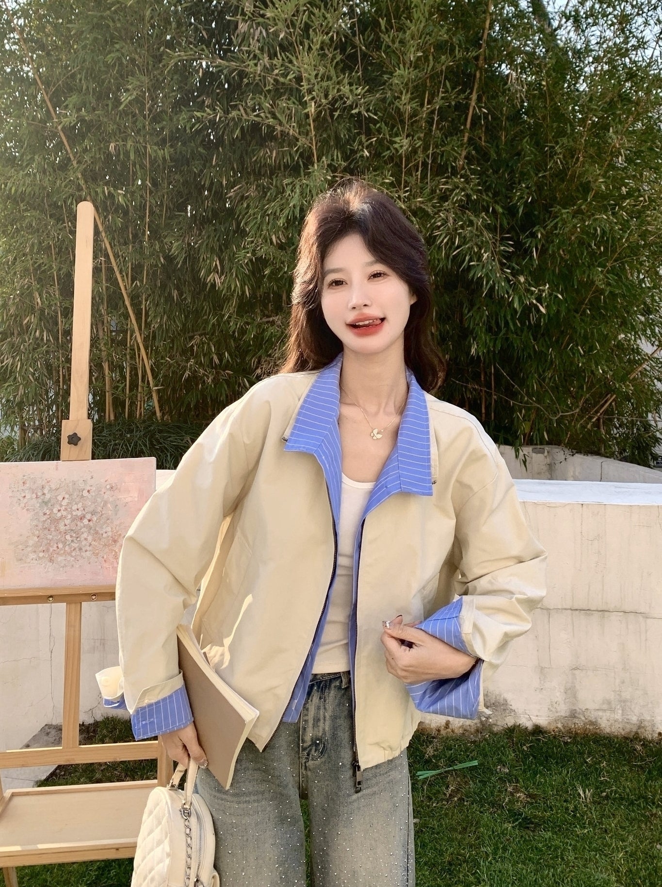 Colorblock Striped Layered Collared Short Jacket